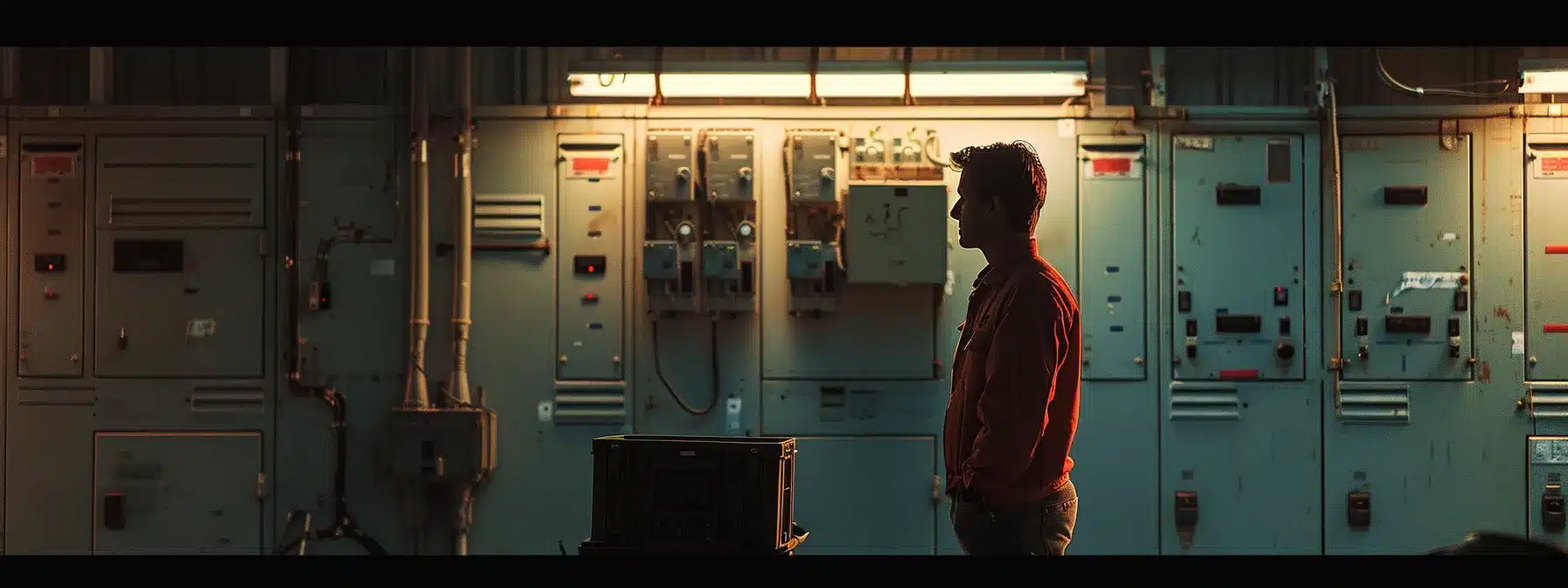 a person standing in front of a circuit breaker panel with a toolbox, looking contemplative.