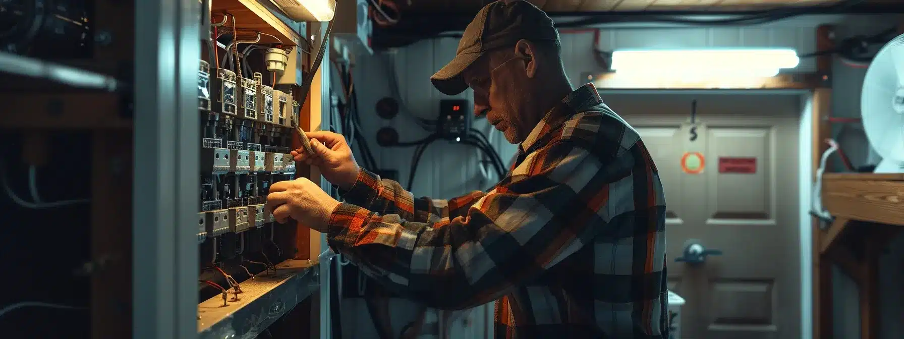 a homeowner inspecting and cleaning a circuit breaker in their basement.