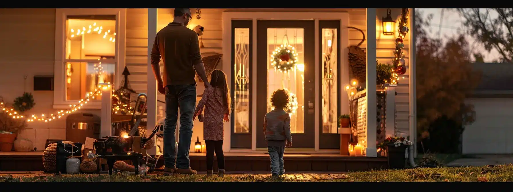 a family standing outside their home, reviewing and practicing their emergency evacuation plan in case of a holiday-related emergency.