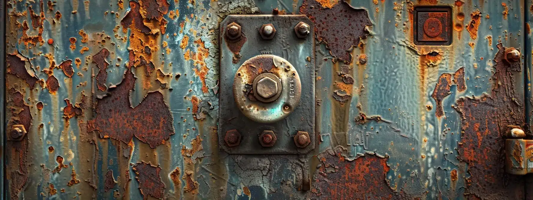 a close-up of an old, rusty electrical panel with visible discoloration and wear.