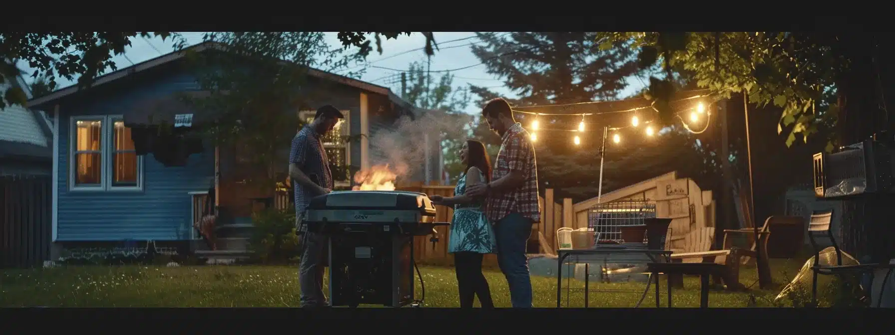 a family standing around a generator in their backyard, discussing safety precautions during a power outage.