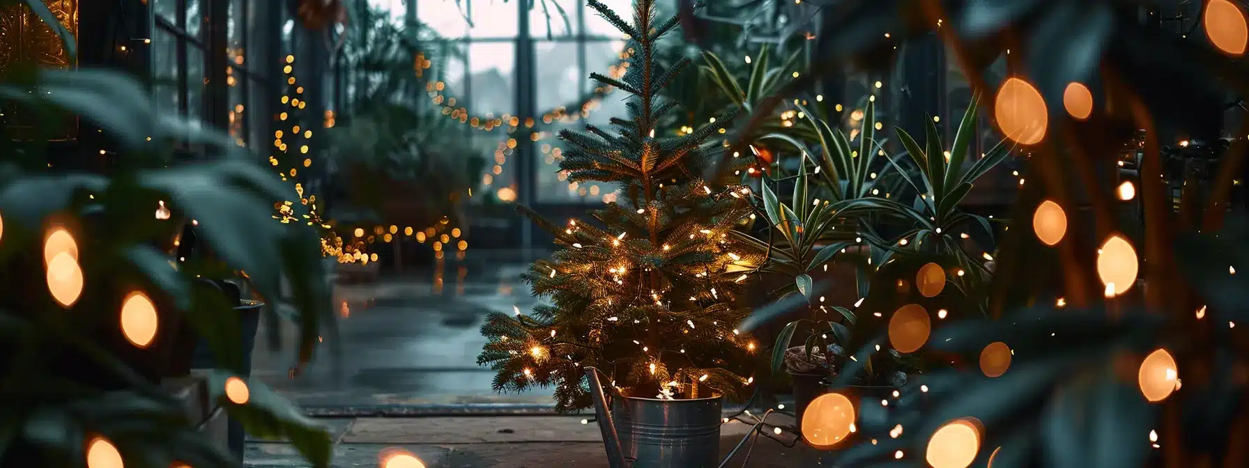 a christmas tree surrounded by multiple sets of lights with a watering can nearby.