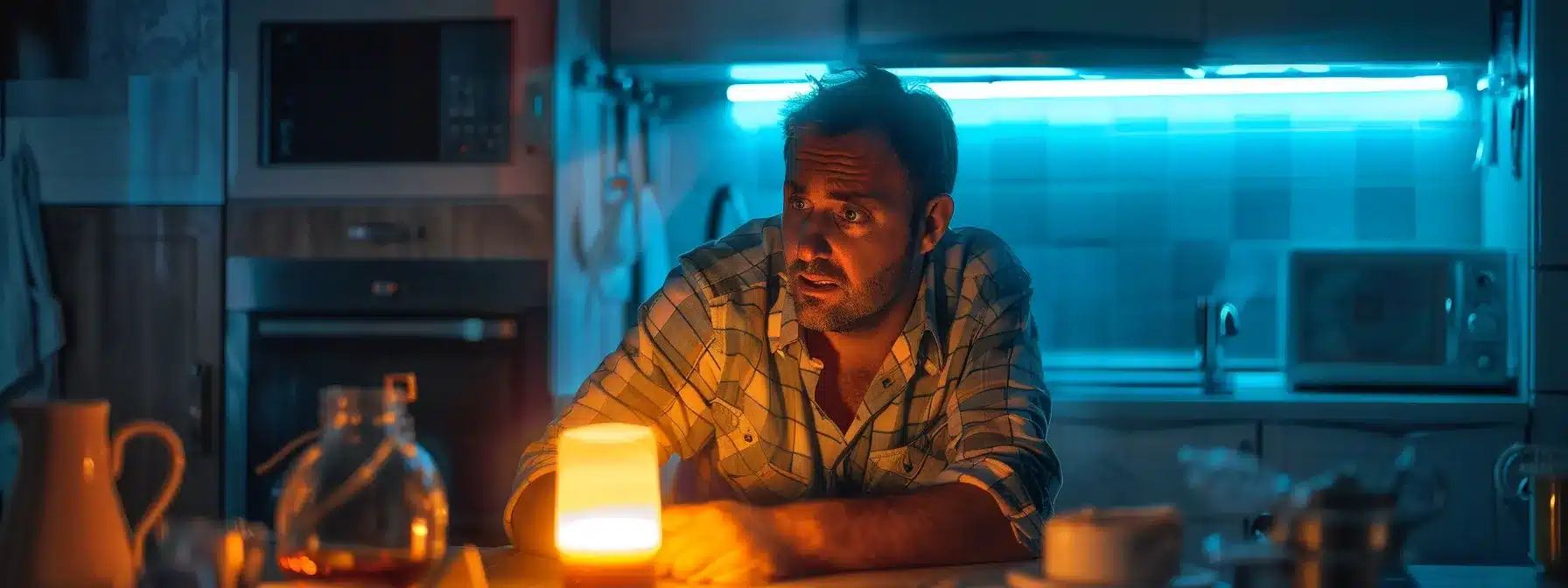 a homeowner looking worried at a flickering light and sparking outlet, surrounded by various household electrical appliances.