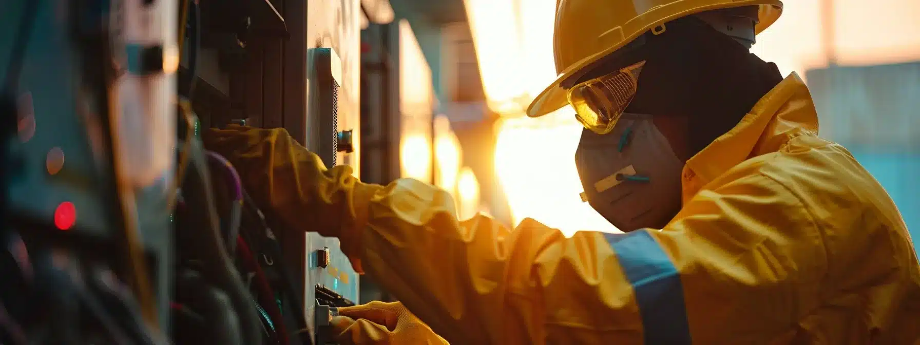 workers in protective gear shutting off power supply to prevent electrical risks.
