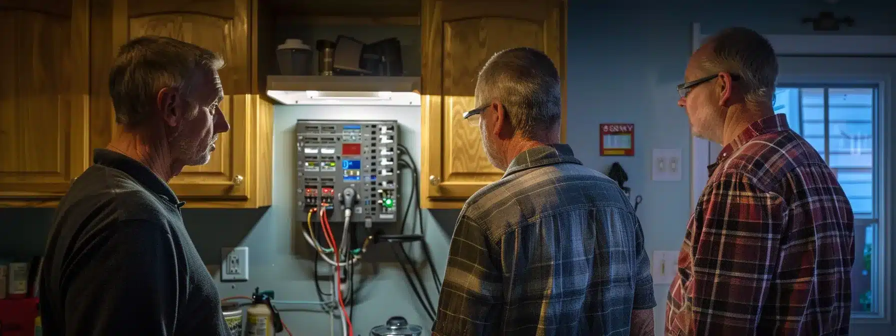 a homeowner watches as an electrician installs a new modern electrical panel in their home.
