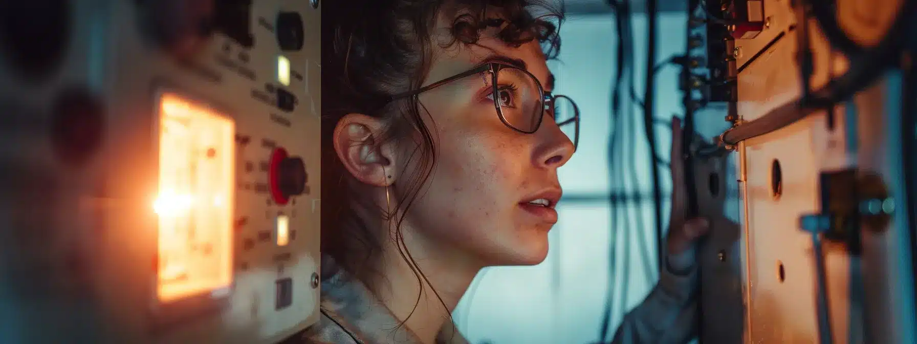 a person in a basement looking at a circuit breaker panel with a concerned expression on their face.
