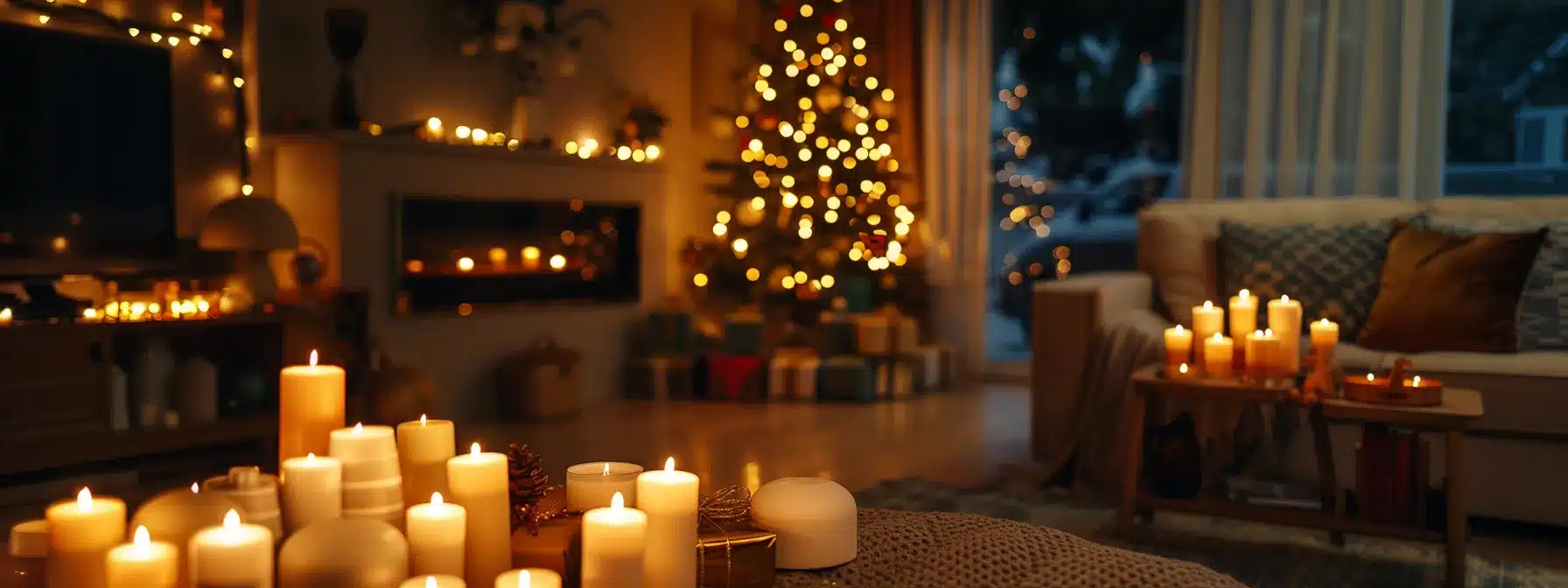 a cozy living room lit by electric candles with a christmas tree in the background.