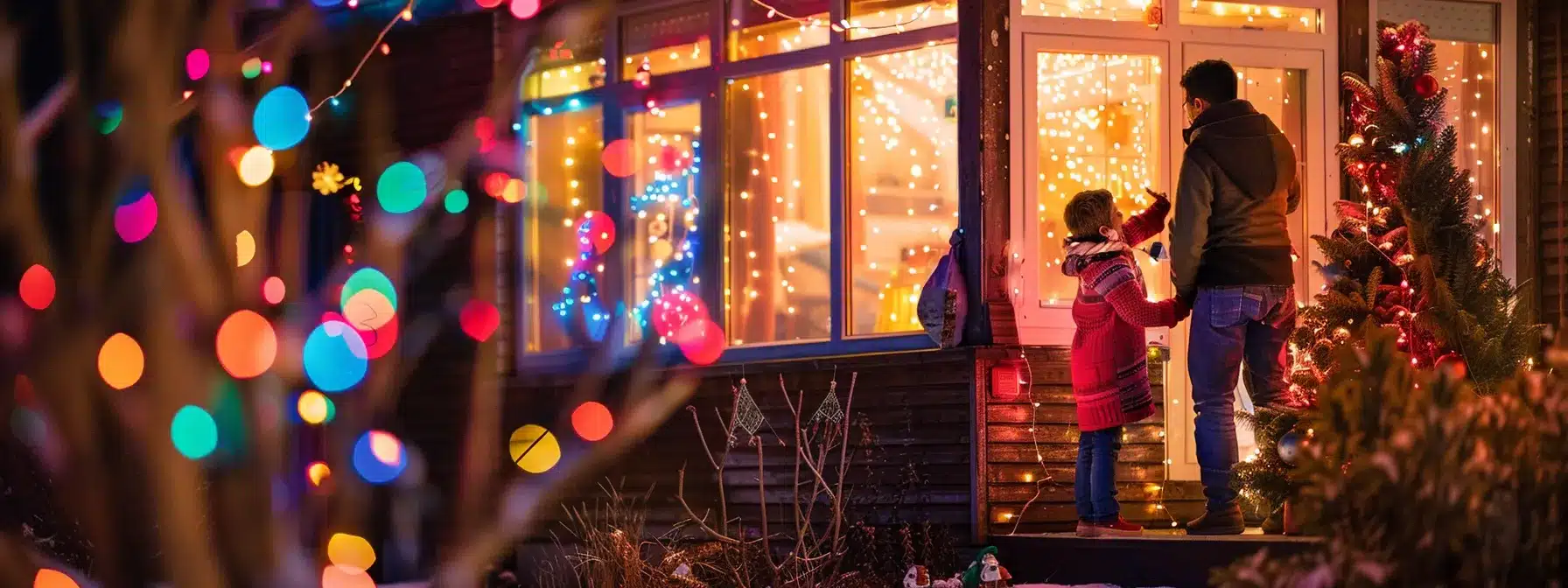 a family decorating the outside of their house with christmas lights and ensuring all decorations are properly grounded.