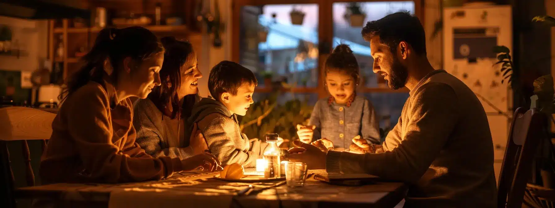 a family sitting around a table, discussing and planning for power outages with a solar panel installation in the background.