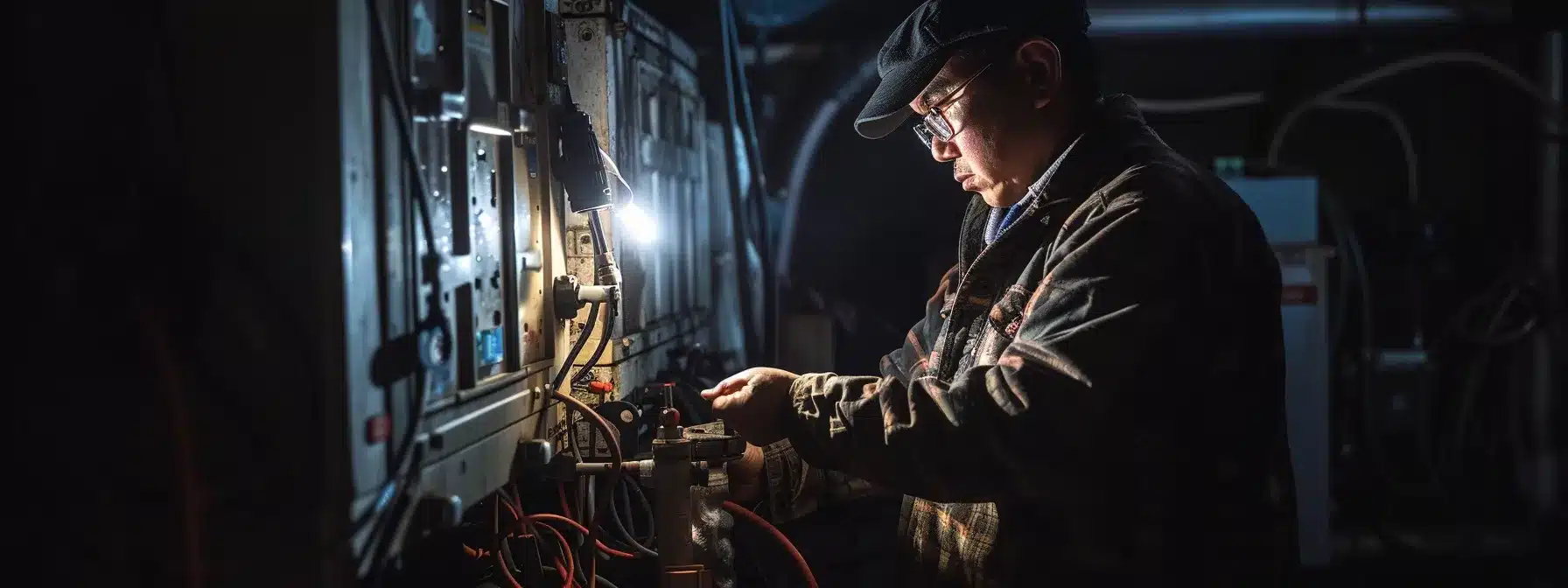a person illuminated by a flashlight checking a natural gas generator during a power outage.