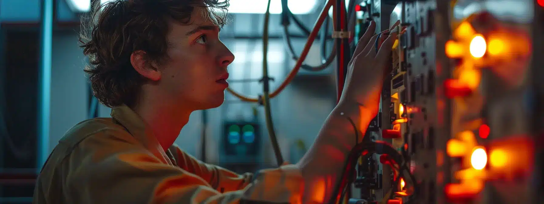 a person examining an electrical panel with a concerned expression.
