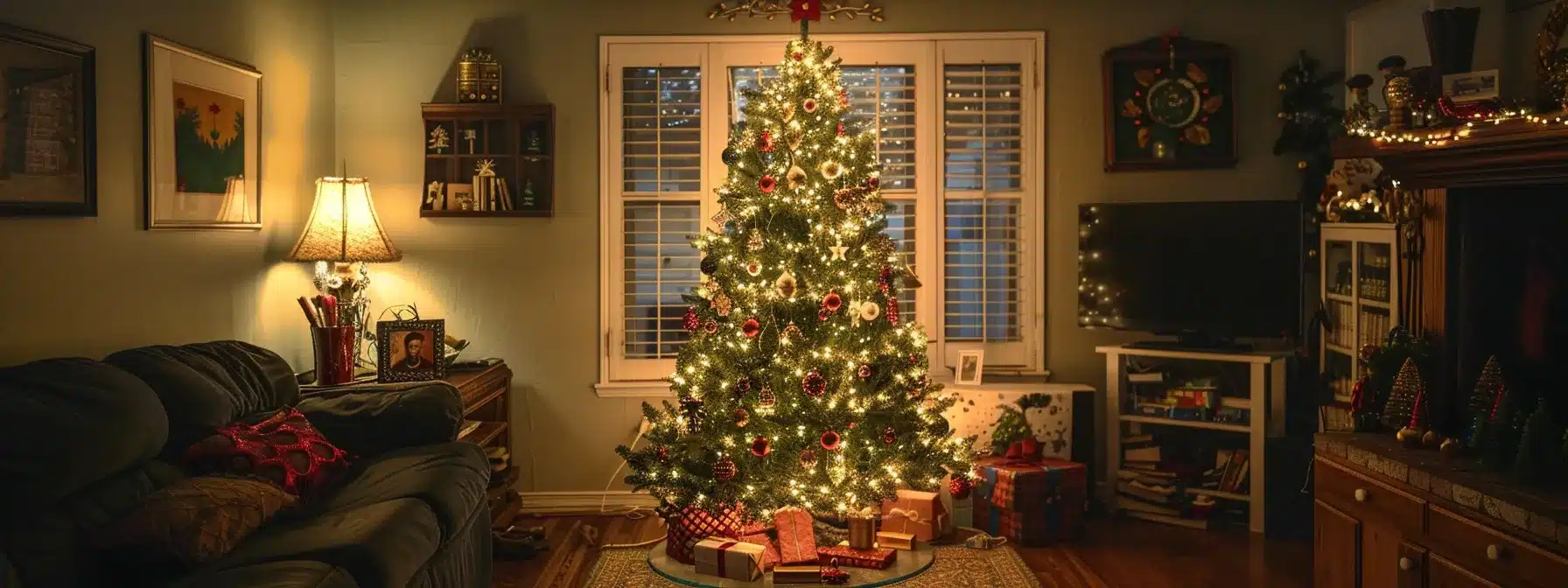 a beautifully lit christmas tree surrounded by carefully placed decorations and safe electrical wiring, creating a cozy and festive holiday atmosphere.