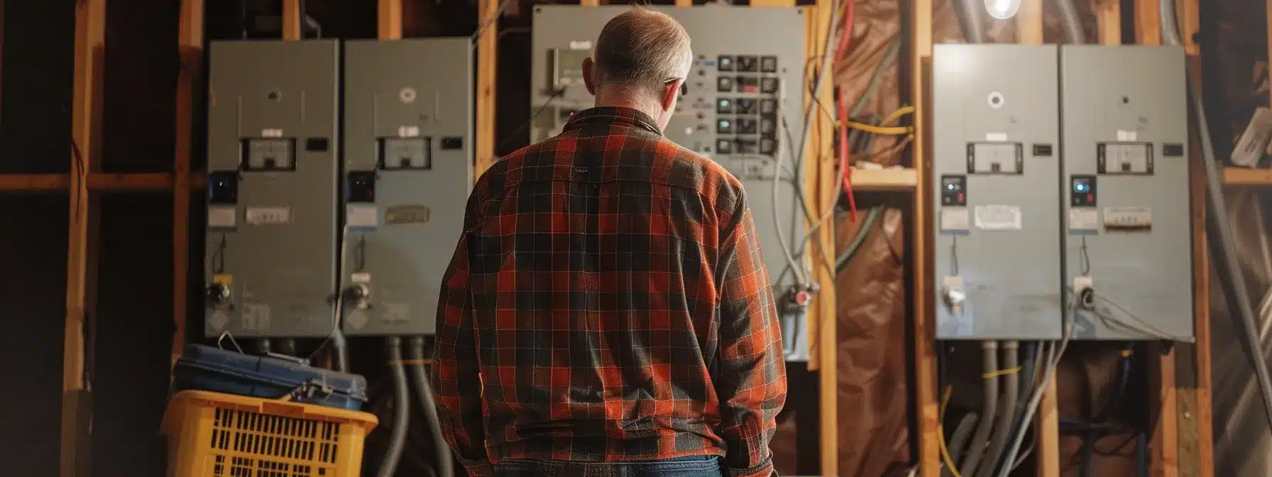 a homeowner stands in front of a circuit breaker panel with a toolbox, contemplating between diy maintenance and hiring a professional.