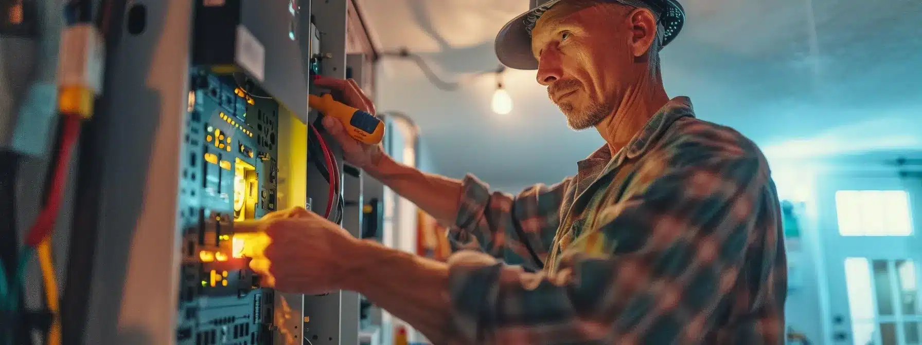 a professional electrician conducting a panel upgrade in a home.