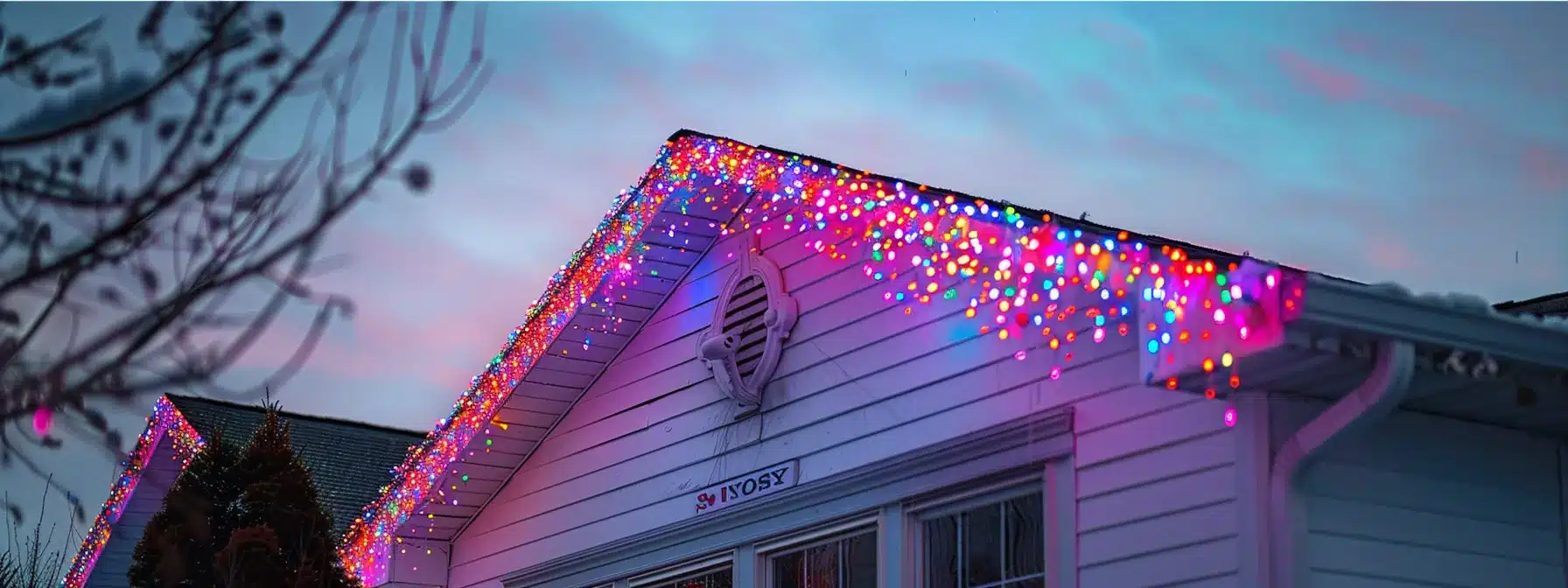 a home with colorful holiday lights displayed on the roof and around the windows, creating a festive and cheerful atmosphere.