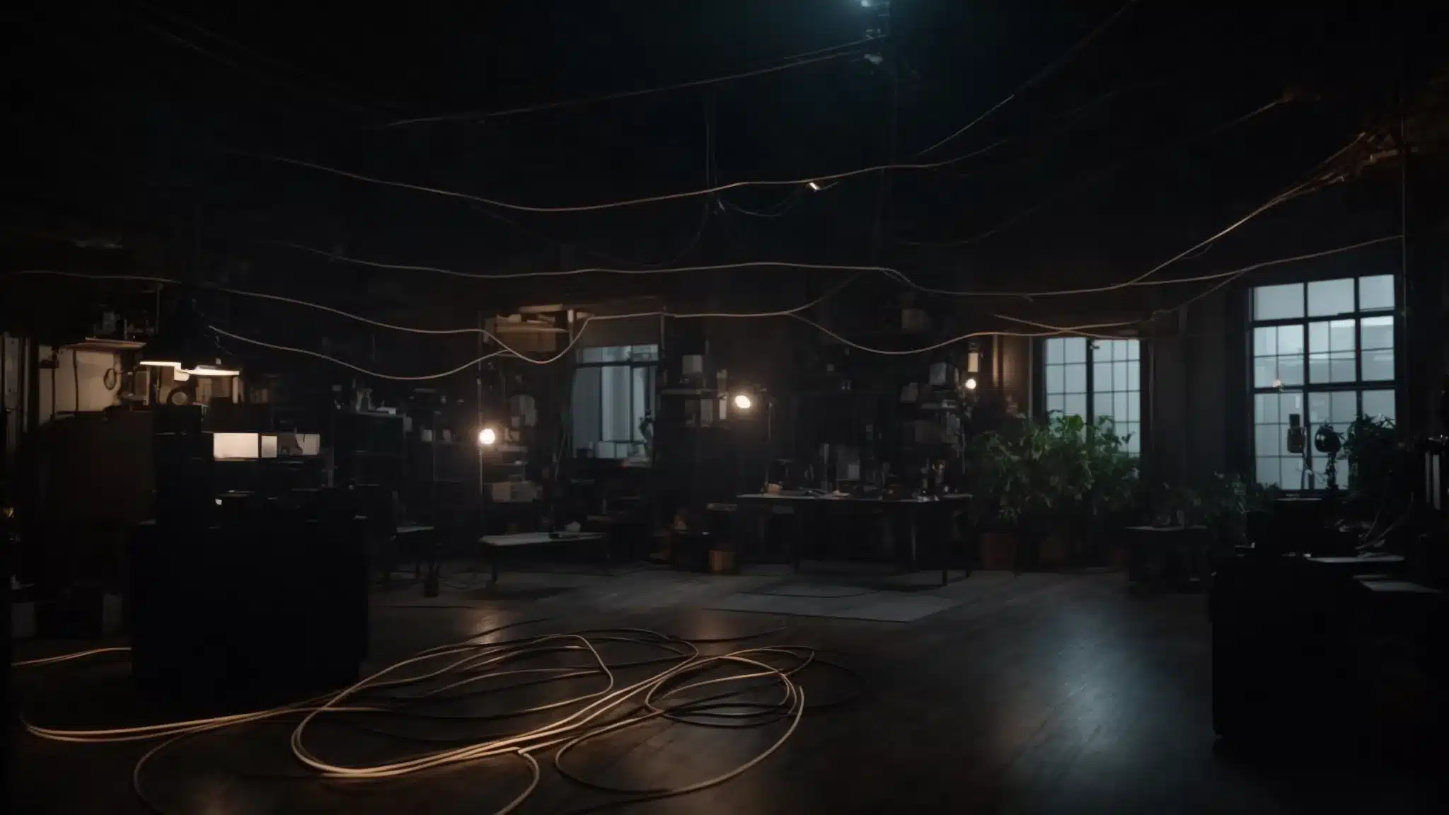 a dark room with exposed wires and unsafe light sources during a power outage.