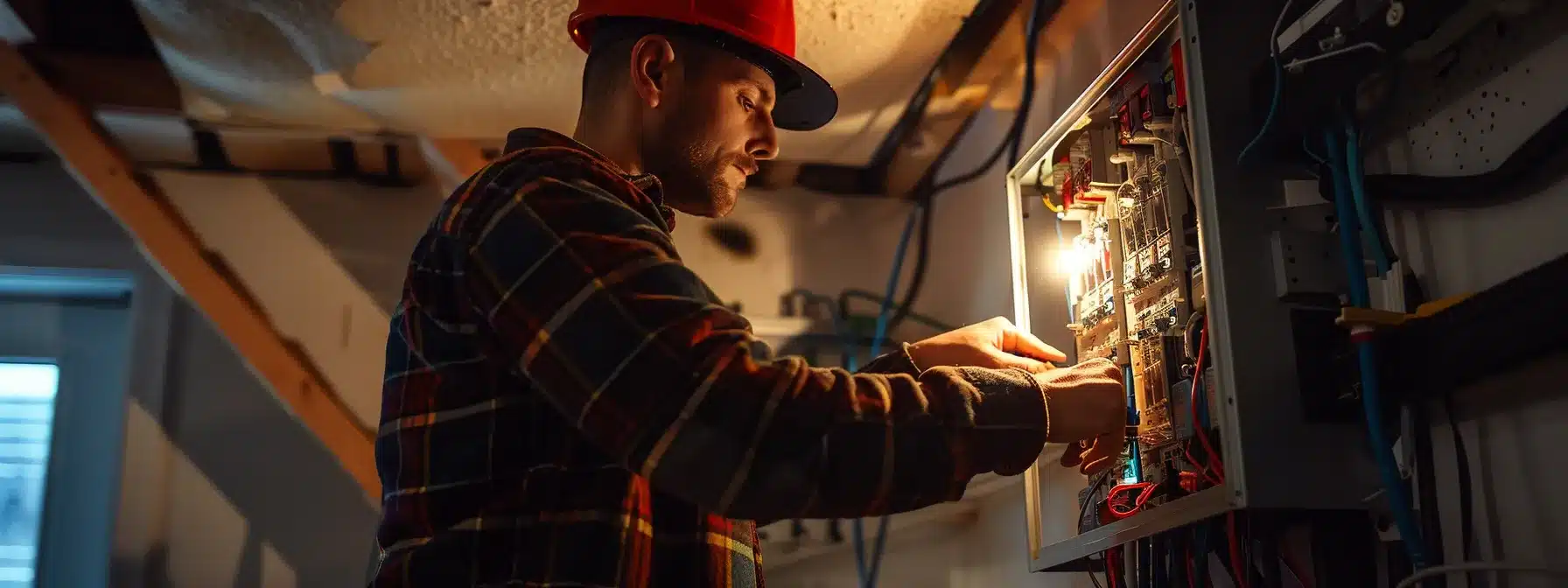 an electrician installing a new electrical panel in a basement with various power loads.