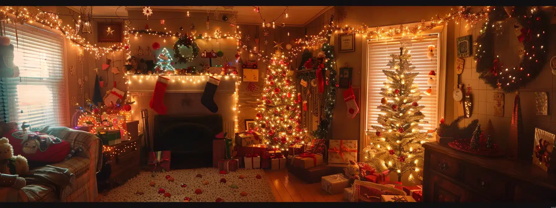 a room filled with festive holiday decorations, including lights, with careful distribution of electrical load across multiple circuits to prevent overloading outlets.