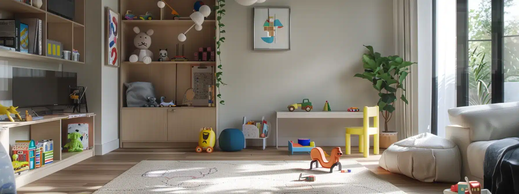 a modern home with smart childproofing gadgets seamlessly integrated into the interior design.