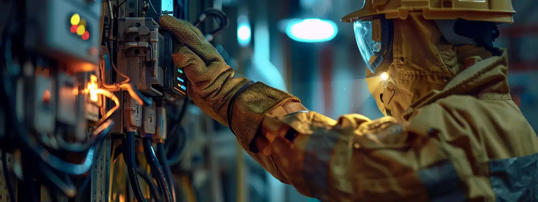 a person wearing insulated gloves and holding a flashlight while looking at a tripped circuit breaker.
