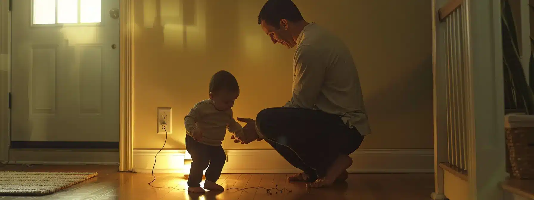 a parent guiding their child away from an electrical outlet.