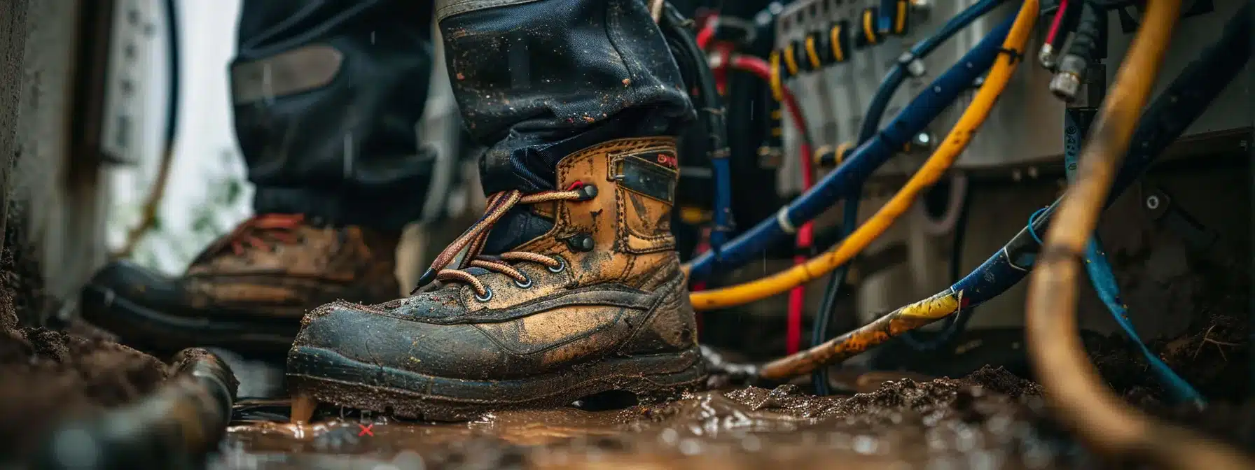 an electrician wearing rubber-soled boots and insulated gloves while working on a wet electrical device.