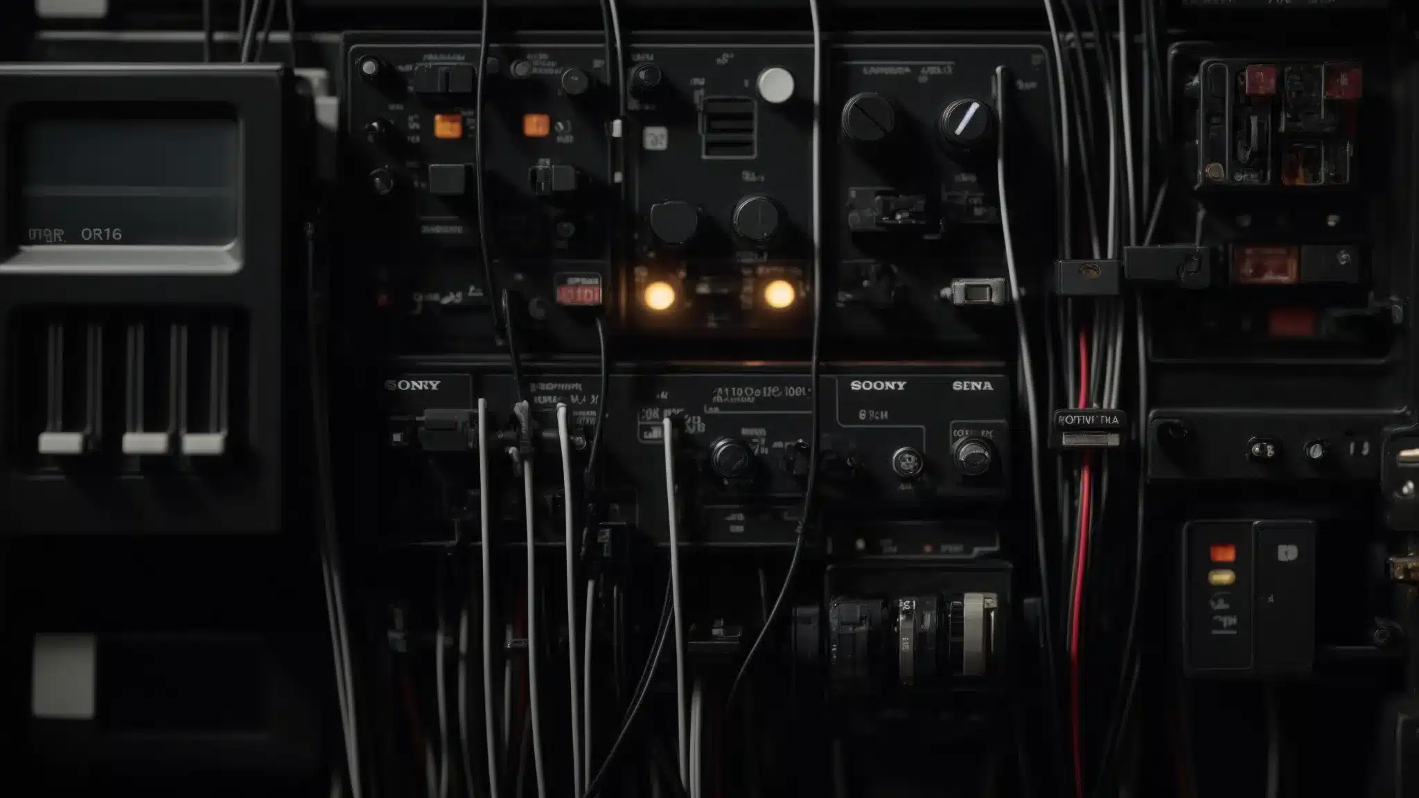 a dark and cluttered electrical panel with exposed wires hanging dangerously.