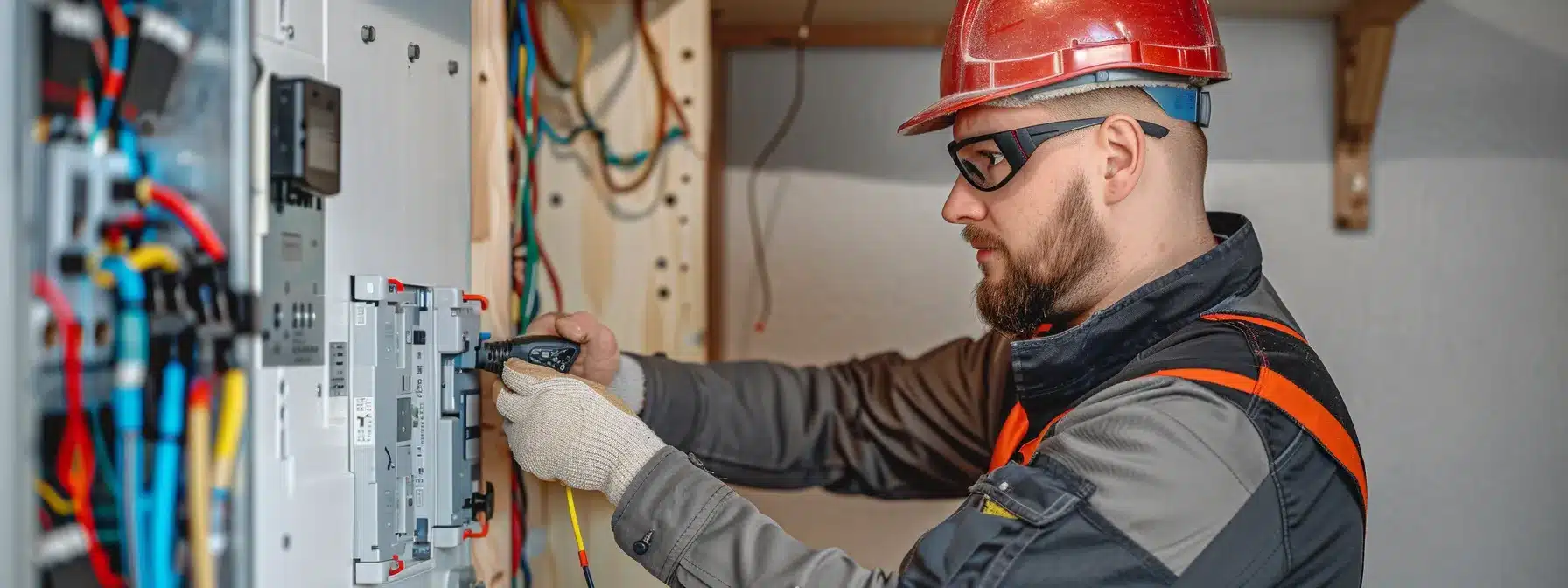 a professional electrician replacing a circuit breaker panel in a residential setting.