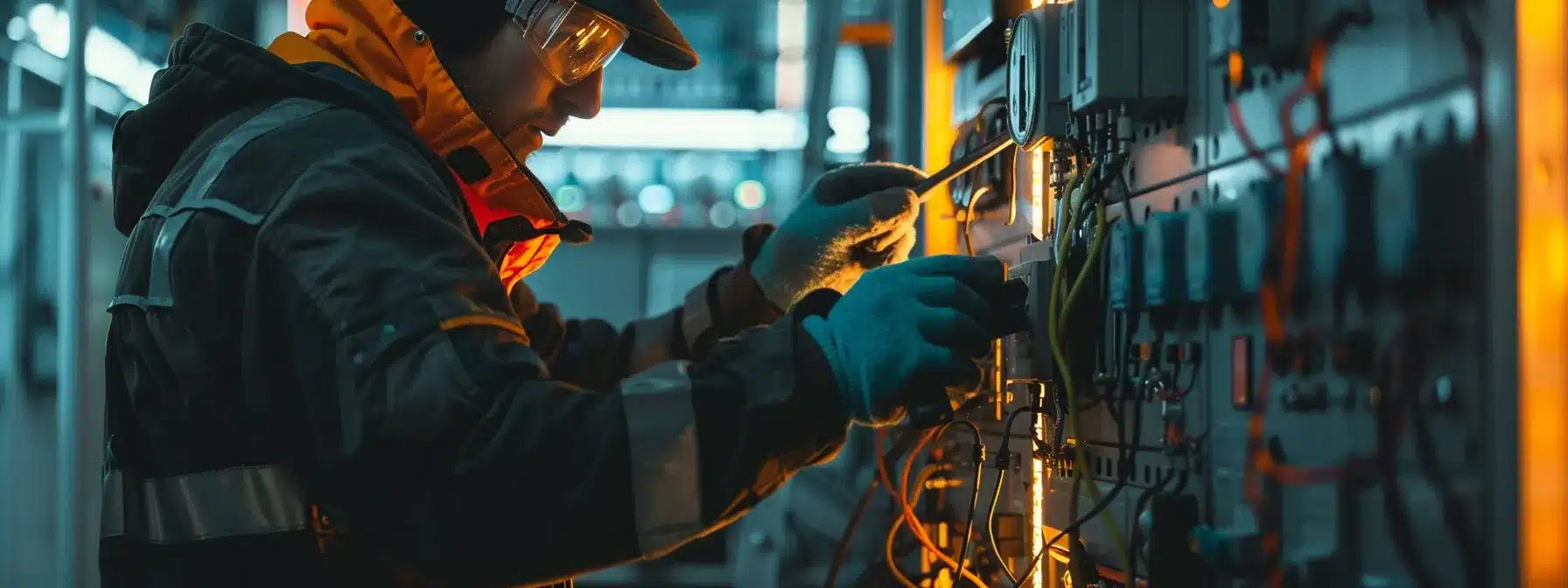 a technician wearing safety gear repairs a circuit breaker panel with various tools in hand.