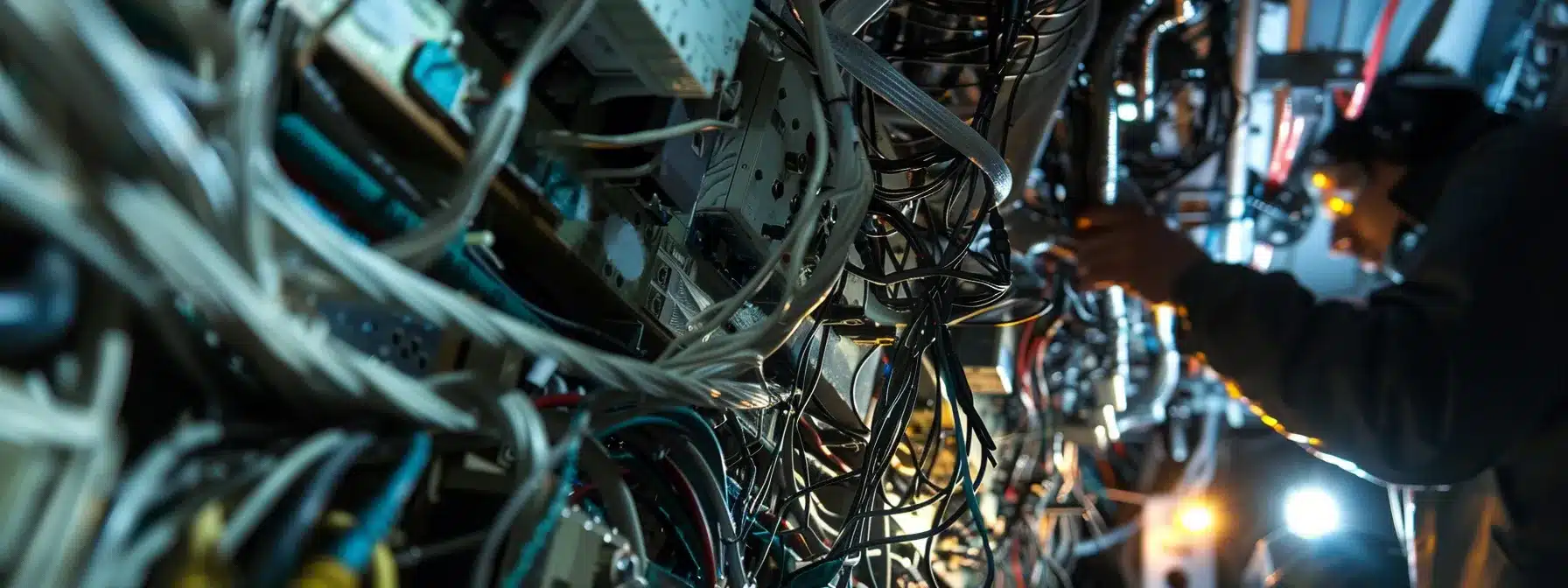a person inspecting a jumble of tangled electrical wires in a circuit breaker box.