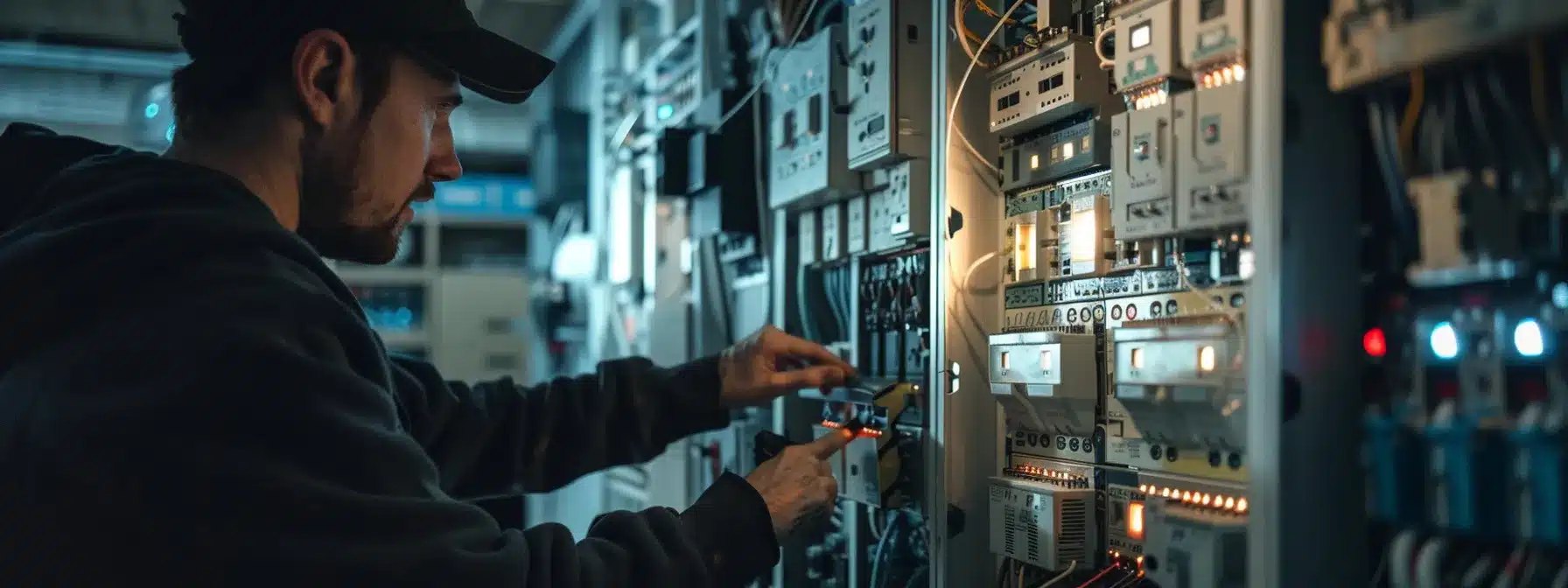 a person inspecting different types of circuit breakers in a home.