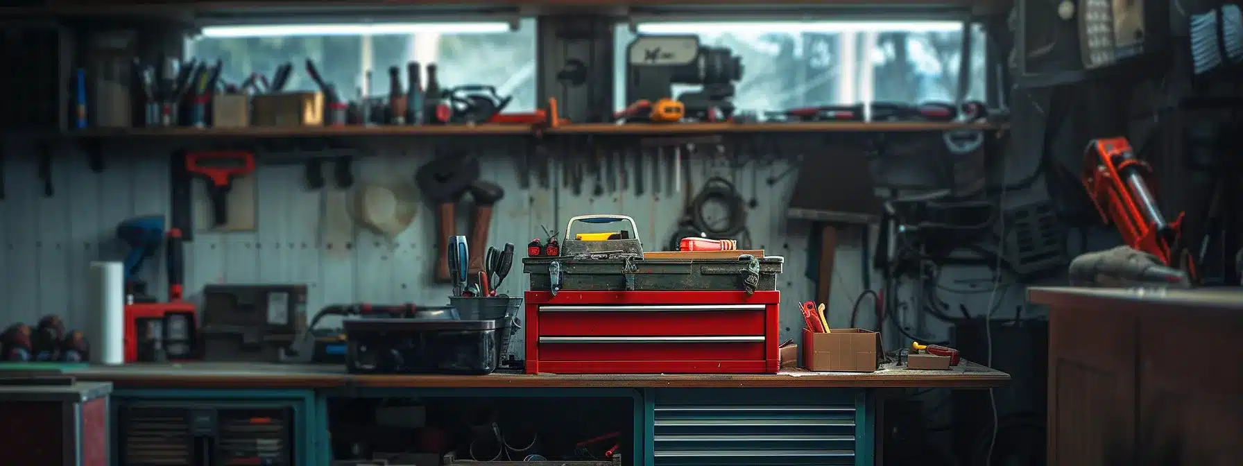 a toolbox placed safely on a high shelf in a dry workshop.