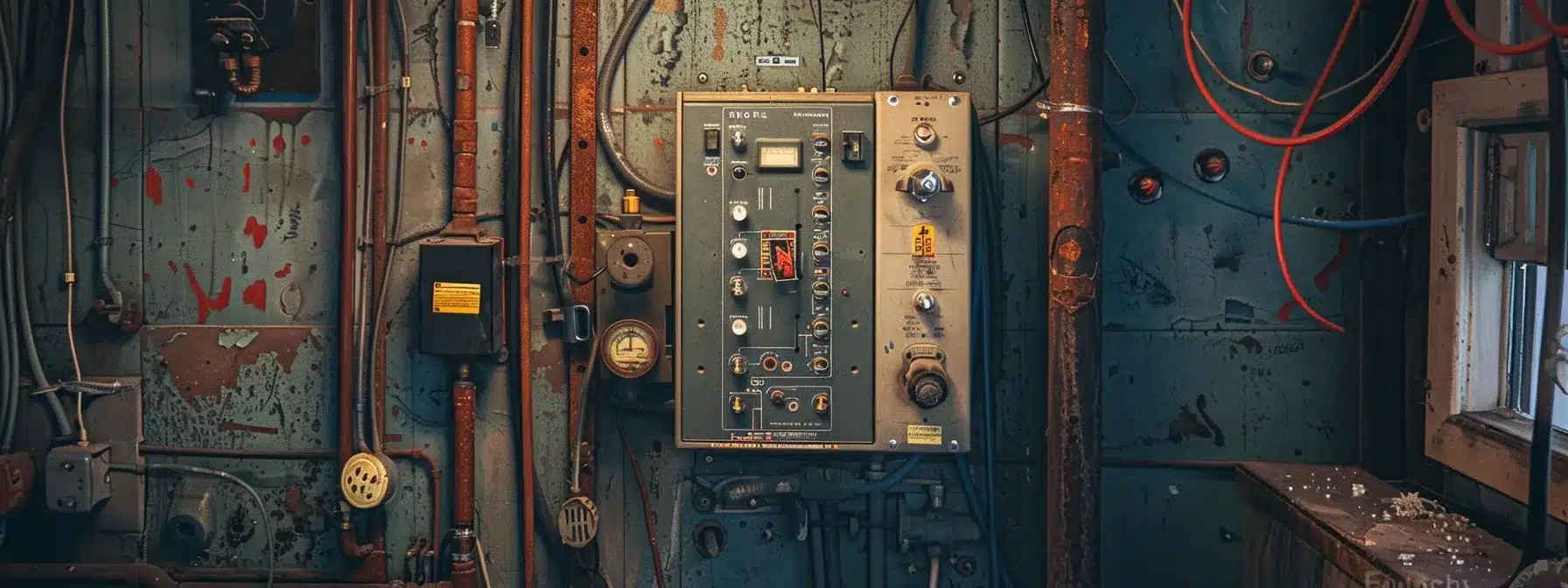 a residential electrical panel surrounded by outdated wiring and overloaded fuses leading to potential fire hazards.