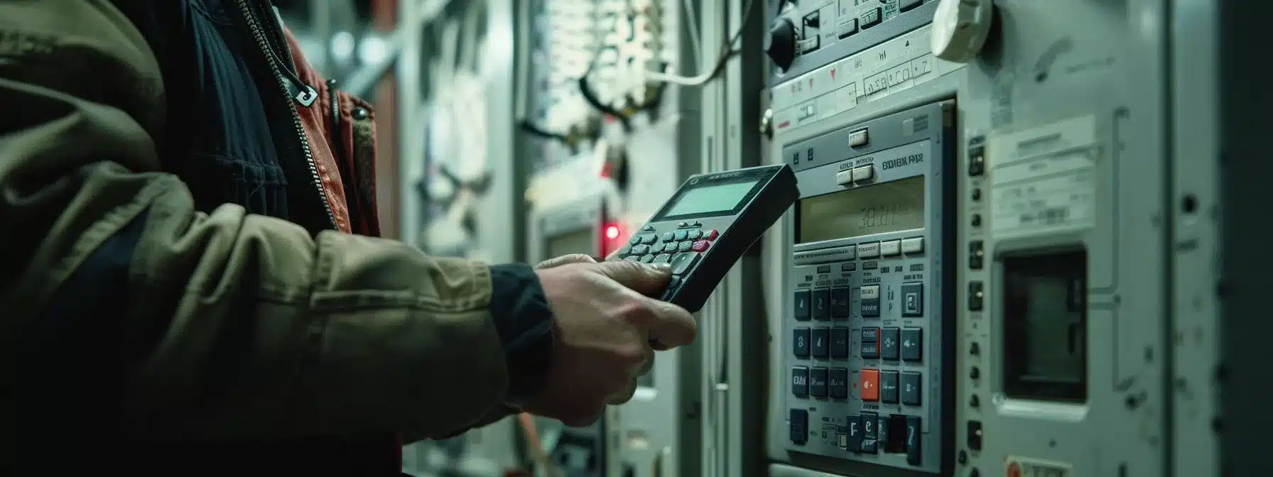 a person holding a calculator and inspecting a circuit breaker panel.