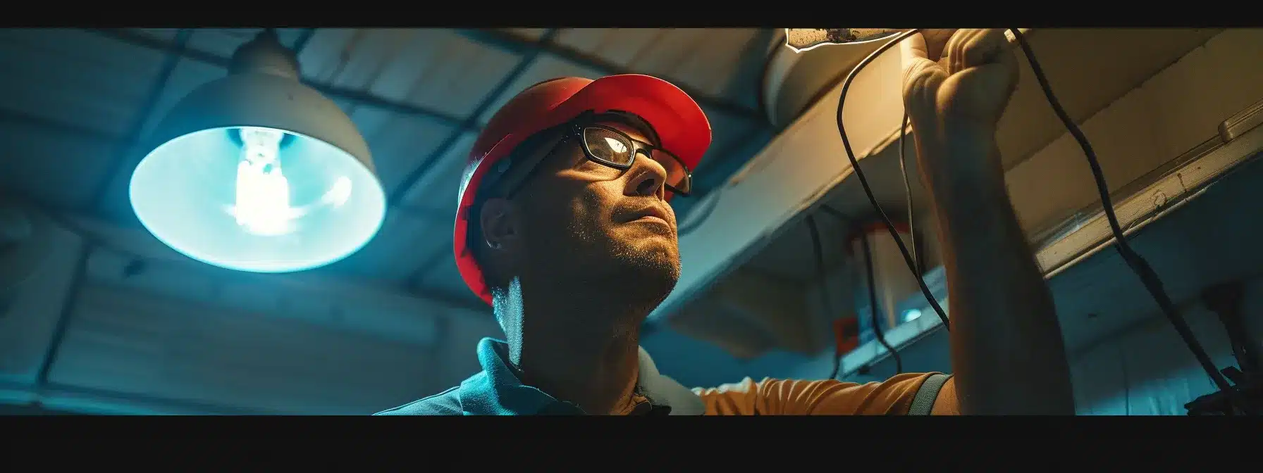 a professional electrician examining a flickering light fixture in a dimly lit room.