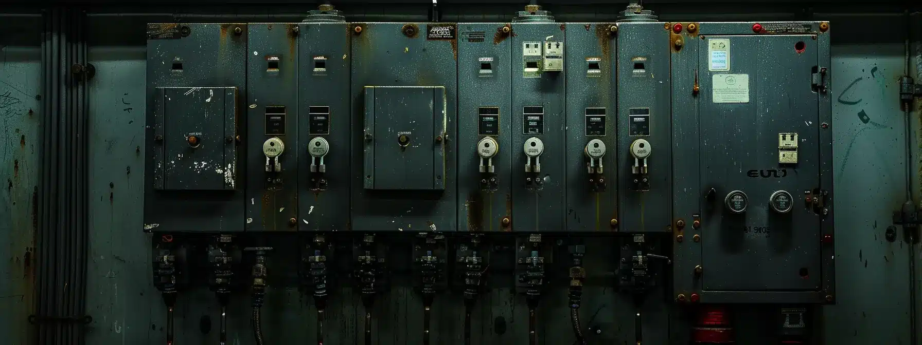 a fuse box with multiple switches flipped to the off position.