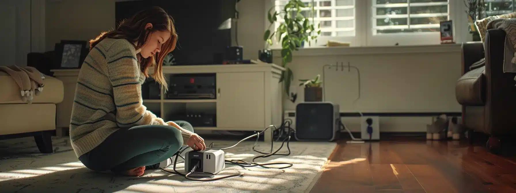 a woman plugging multiple electronics into a surge protector with a power strip on the floor.