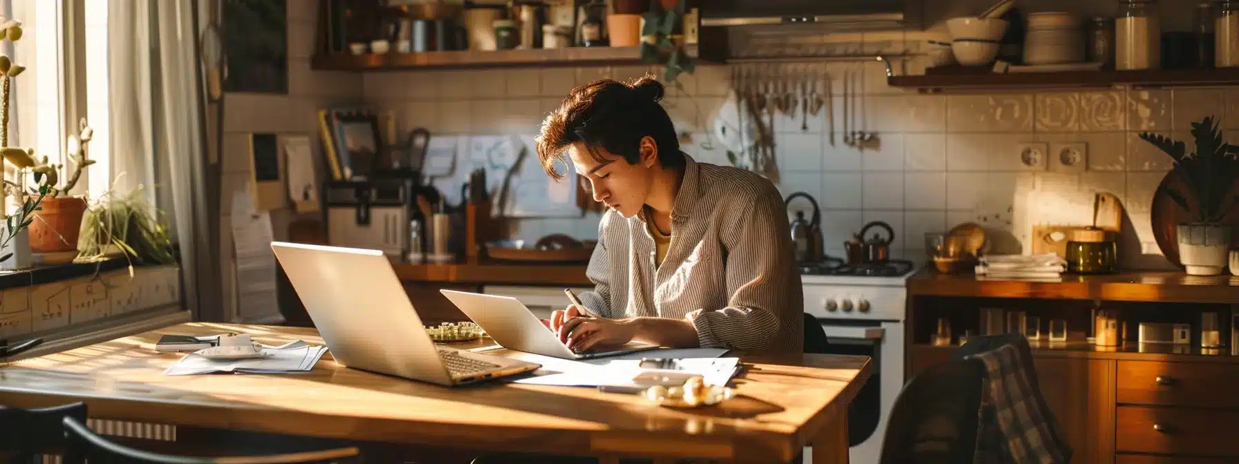 a homeowner looks at a financial planning spreadsheet on a laptop while sitting at a kitchen table.