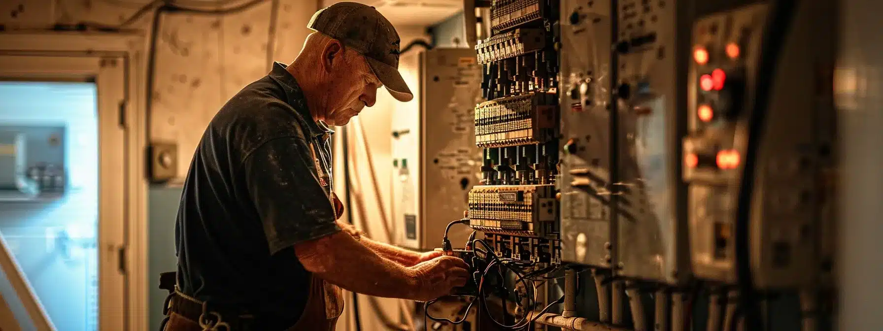 electricians working on a circuit breaker panel in a residential home.