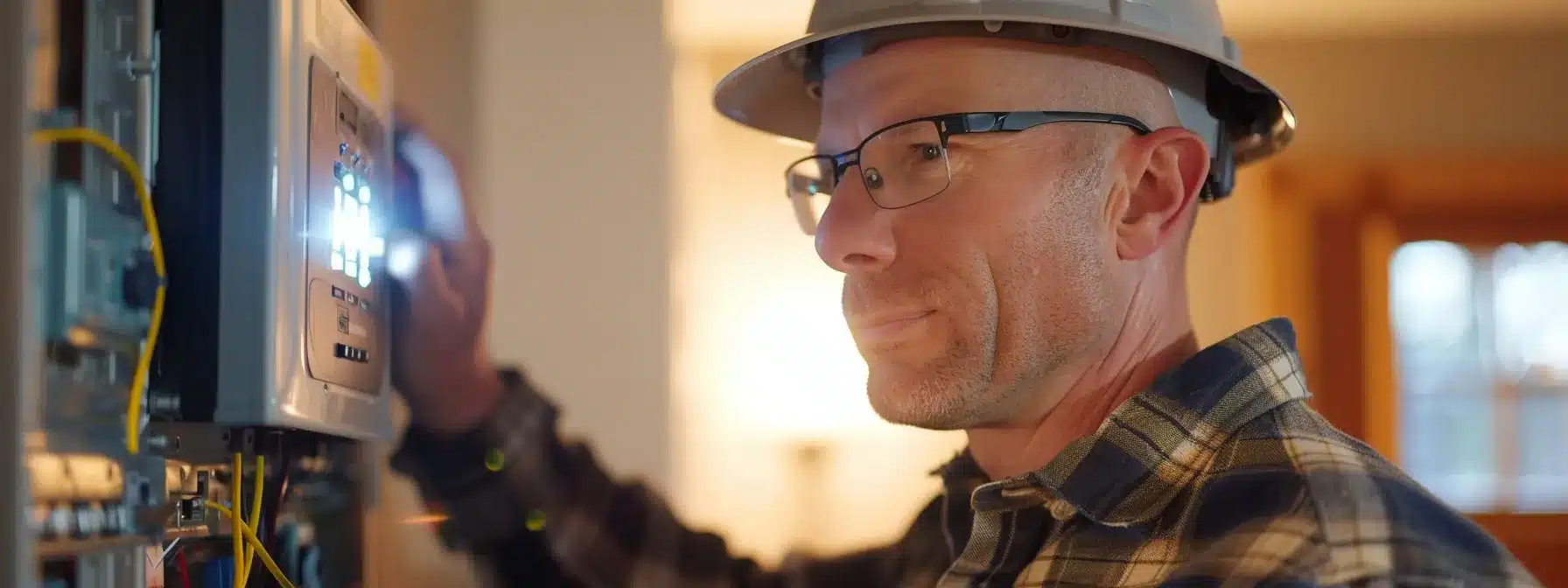 a electrician inspecting a home's electrical panel and installing surge protectors.