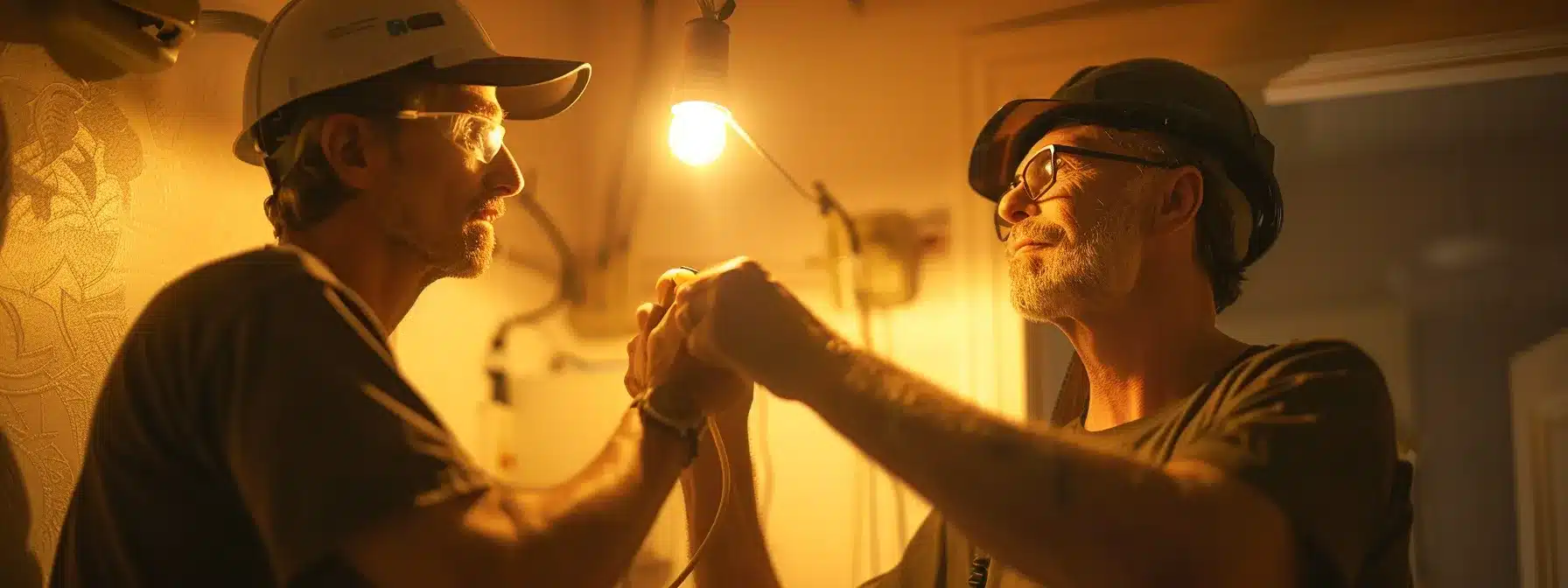 a homeowner struggling with electrical work while a professional electrician works confidently nearby.