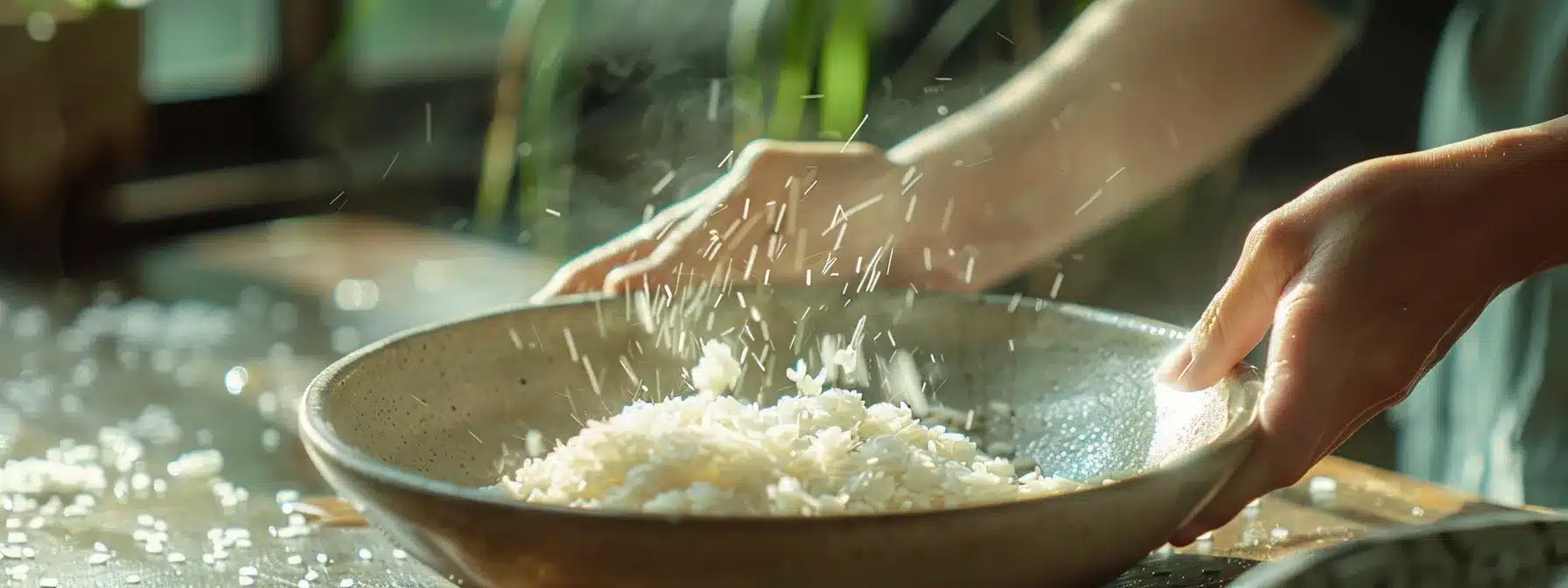 a person placing a wet phone in a bowl of rice to dry it safely.