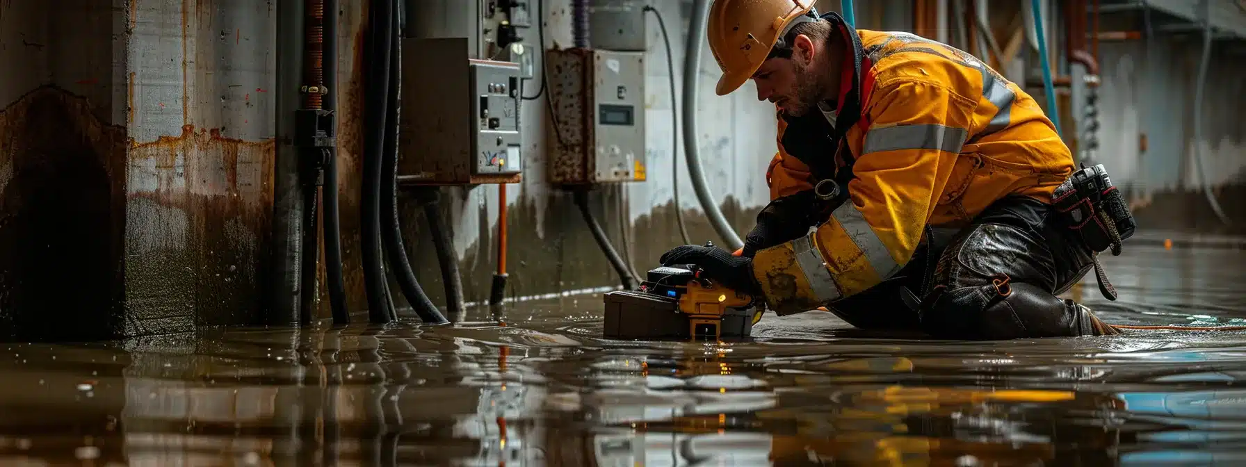 an electrician wearing safety gear carefully inspecting a wet electrical device in a flooded area.