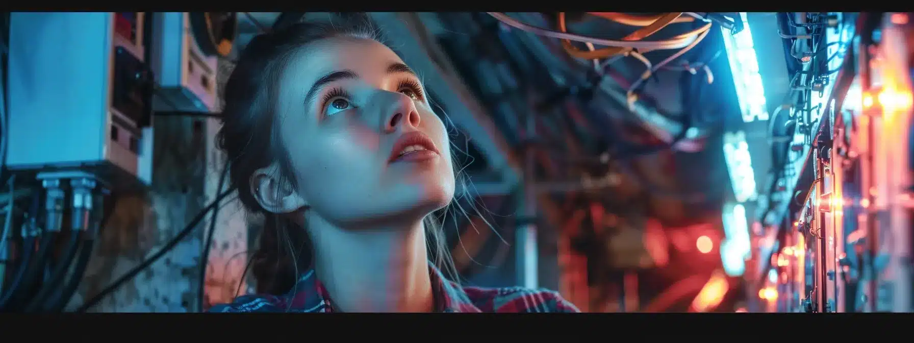 a person looking up at a malfunctioning circuit breaker with a concerned expression.