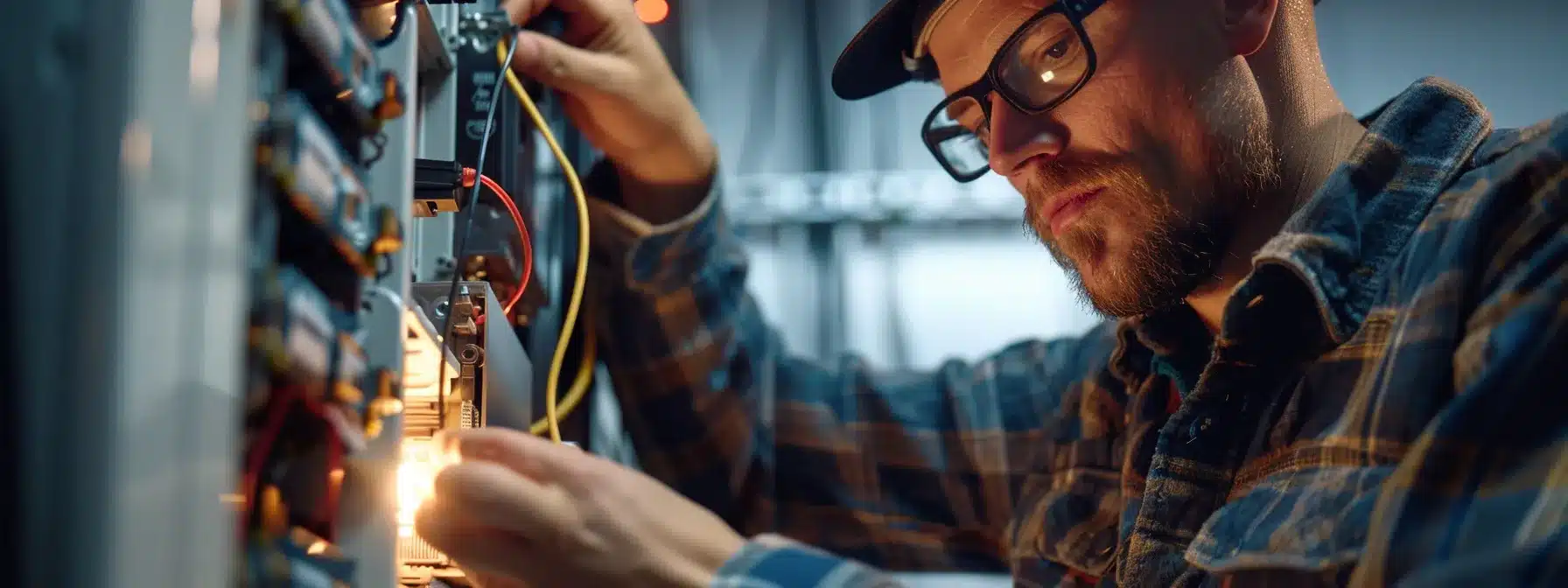 an electrician carefully installing a new circuit breaker in a panel box.