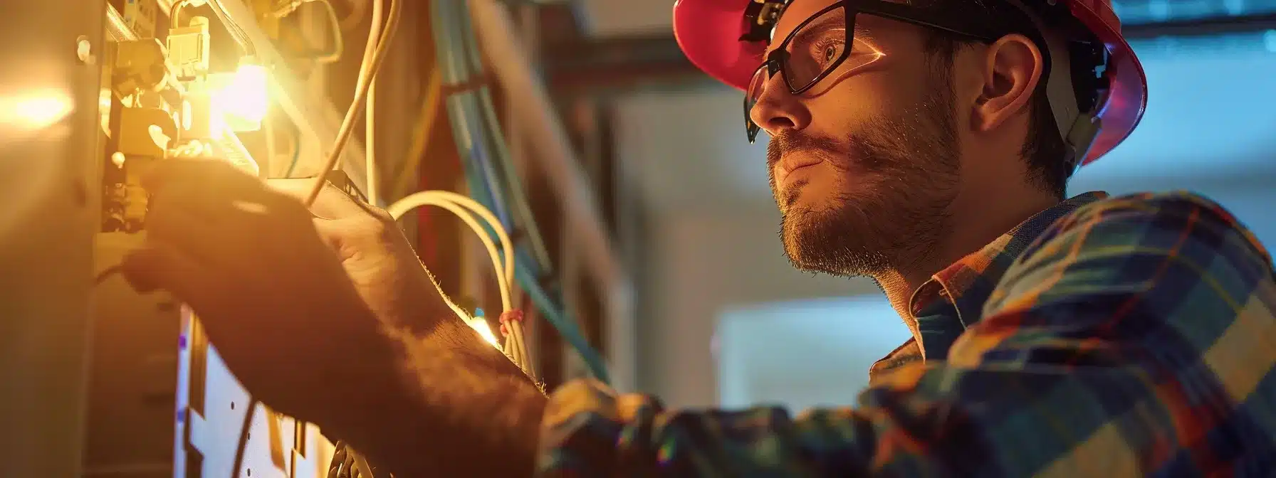 a professional electrician examining wiring in a home during an emergency.