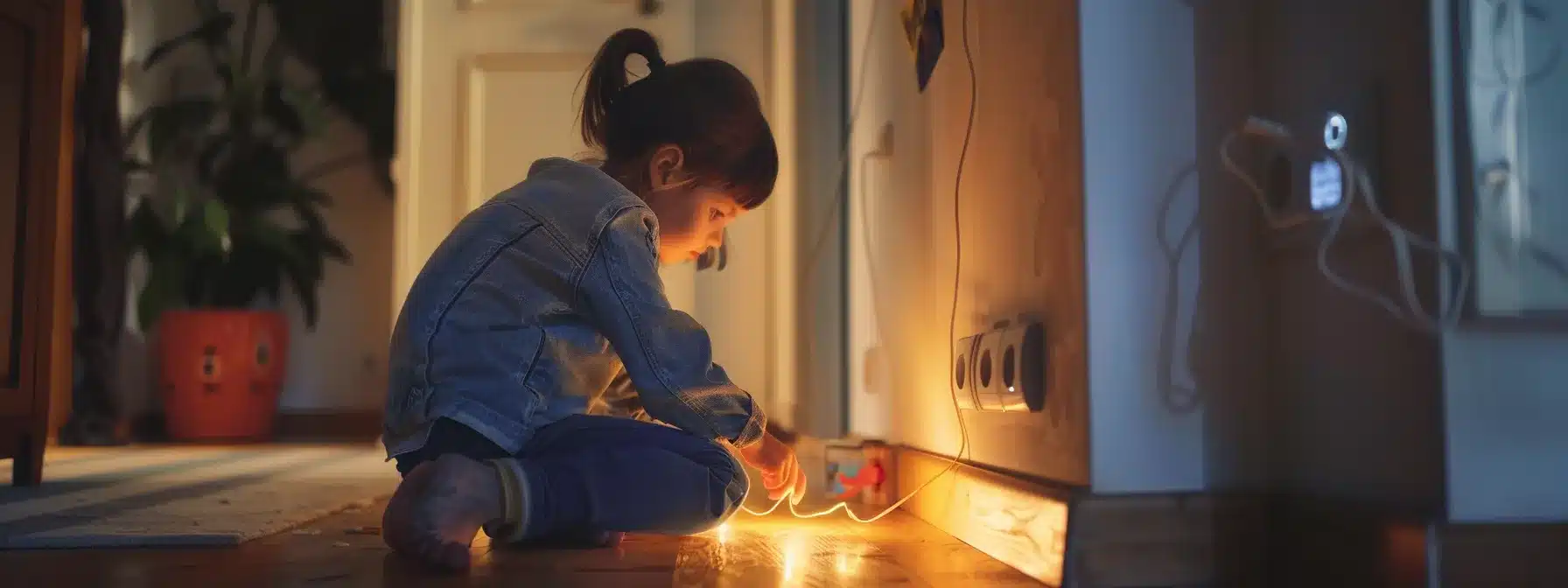 a parent checking the outlets and cords in a childproofed home.