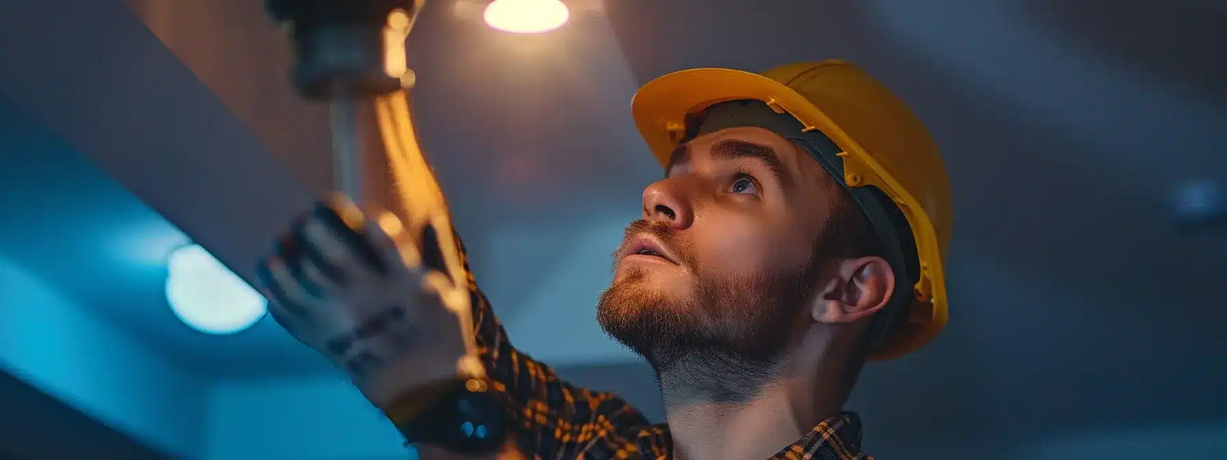 a professional electrician checking a ceiling fixture for safety.