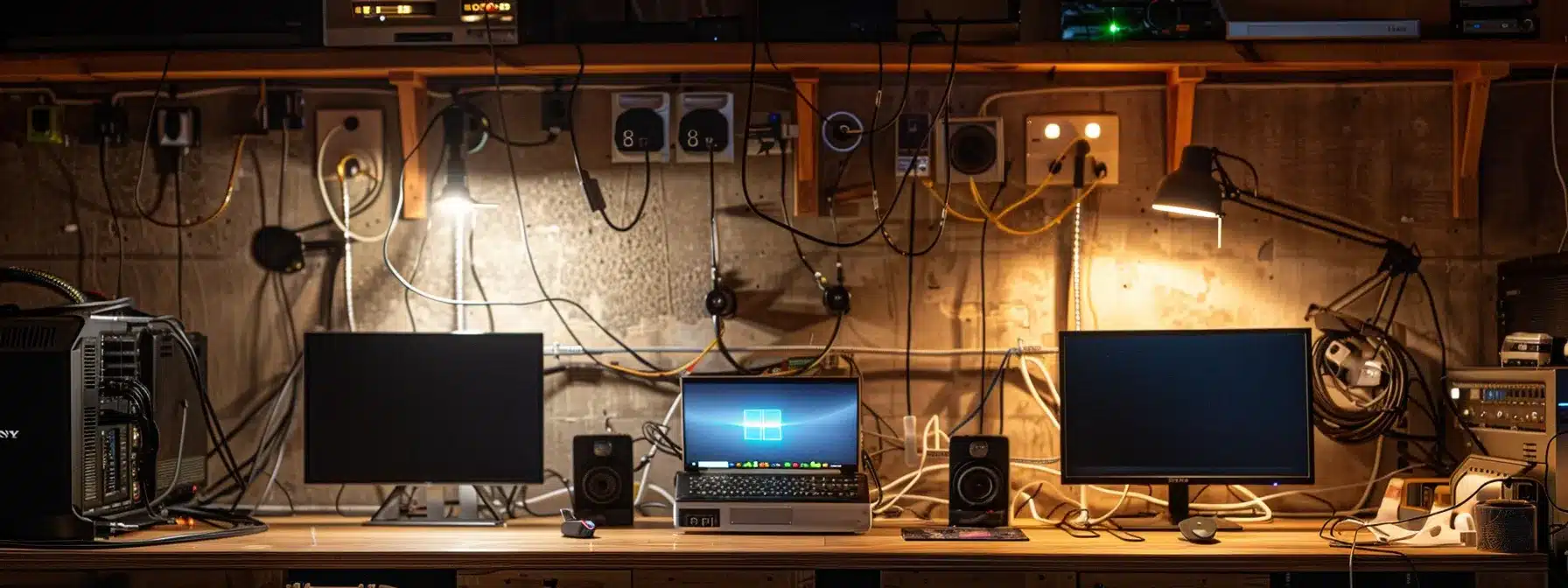 multiple electronic devices plugged into multiple power outlets in a room.