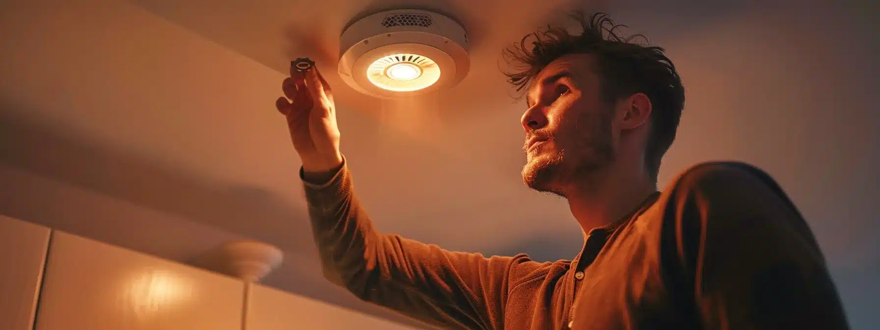 a person checking the smoke detectors in their home.